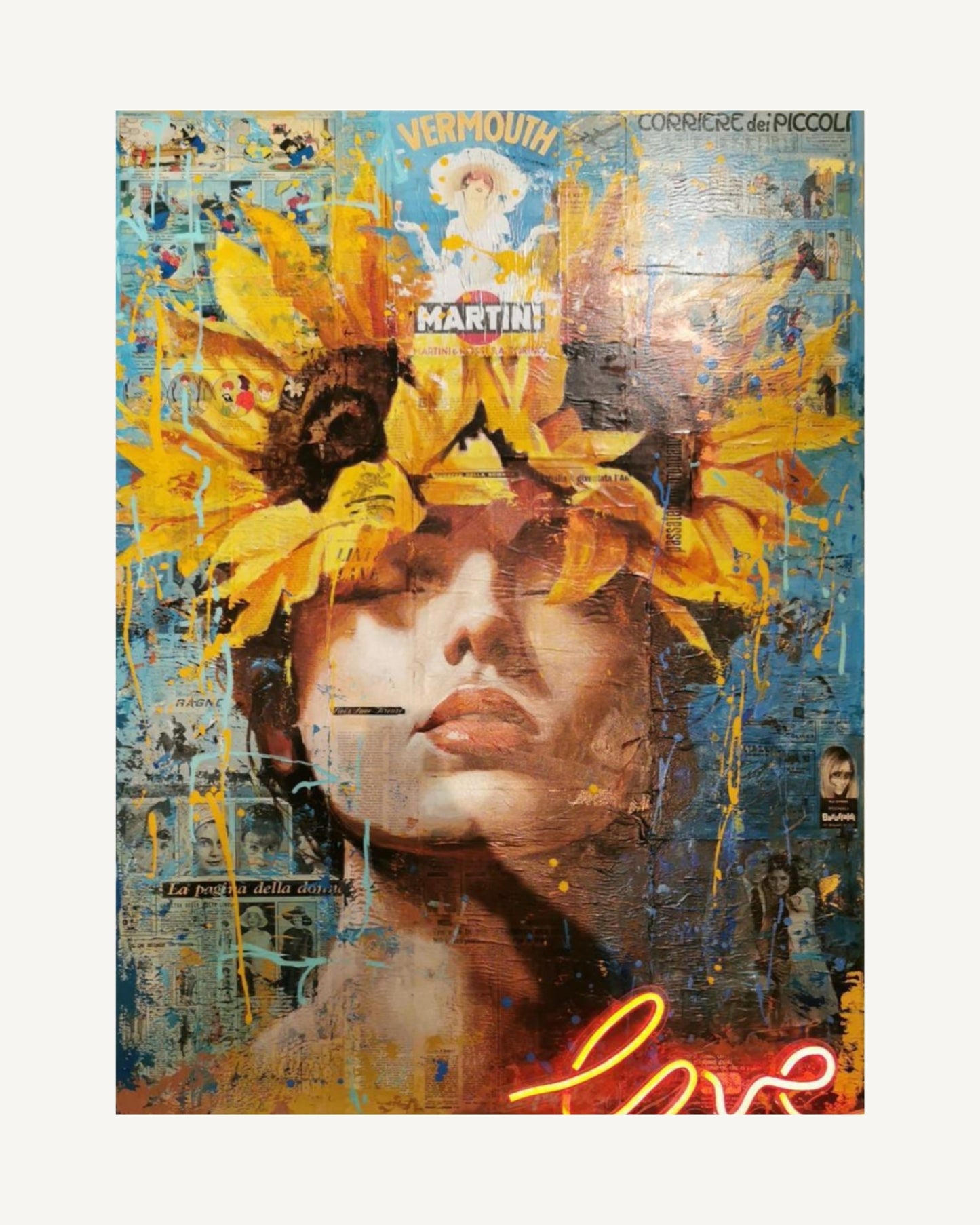 Estate, Vintage Martini by Angela Carli - mixed media pop art painting on vintage newspaper, Jaloe Art Gallery