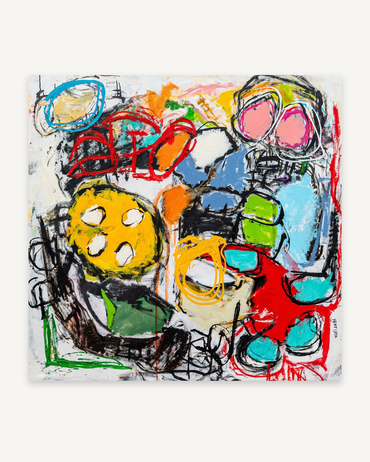 Fruit mix, a bright mixed media abstract painting by Helder Batista, at Jaloe Art Gallery